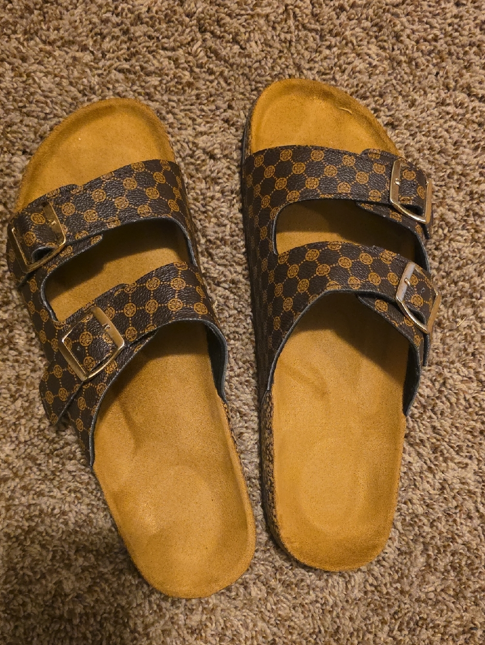 Brown Double-Buckle Slide Sandals